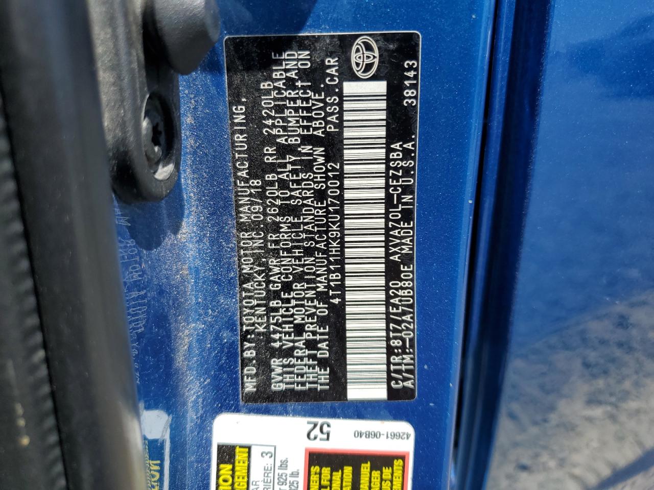 2019 Toyota Camry L VIN: 4T1B11HK9KU170012 Lot: 62878895