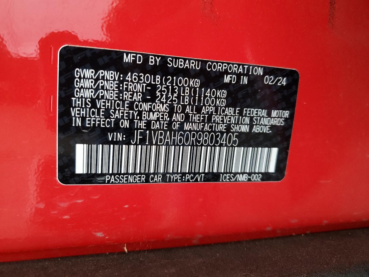 2024 Subaru Wrx Premium VIN: JF1VBAH60R9803405 Lot: 58207805
