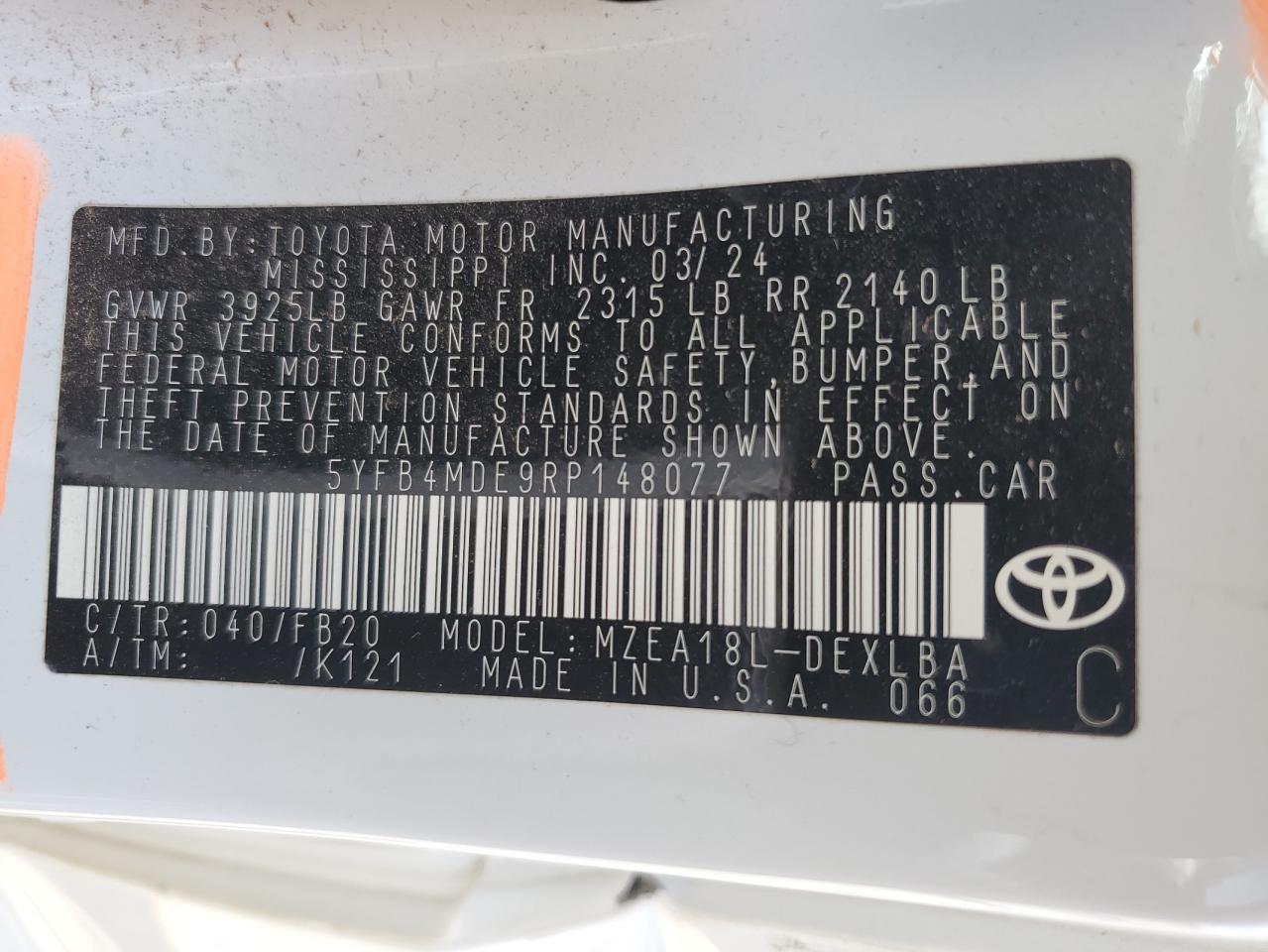 5YFB4MDE9RP148077 TOYOTA COROLLA 2024