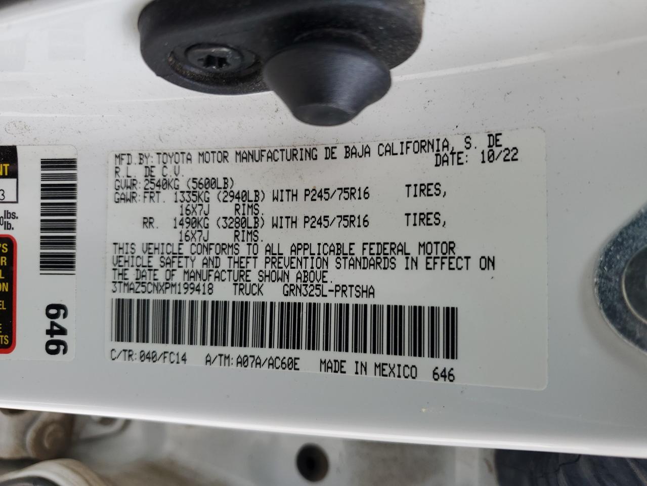 TOYOTA TACOMA 2023 VIN 3TMAZ5CNXPM199418 фото 12