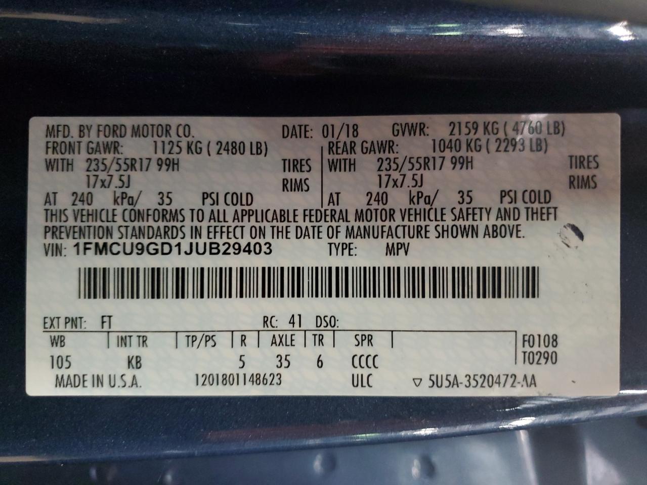 1FMCU9GD1JUB29403 FORD ESCAPE 2018