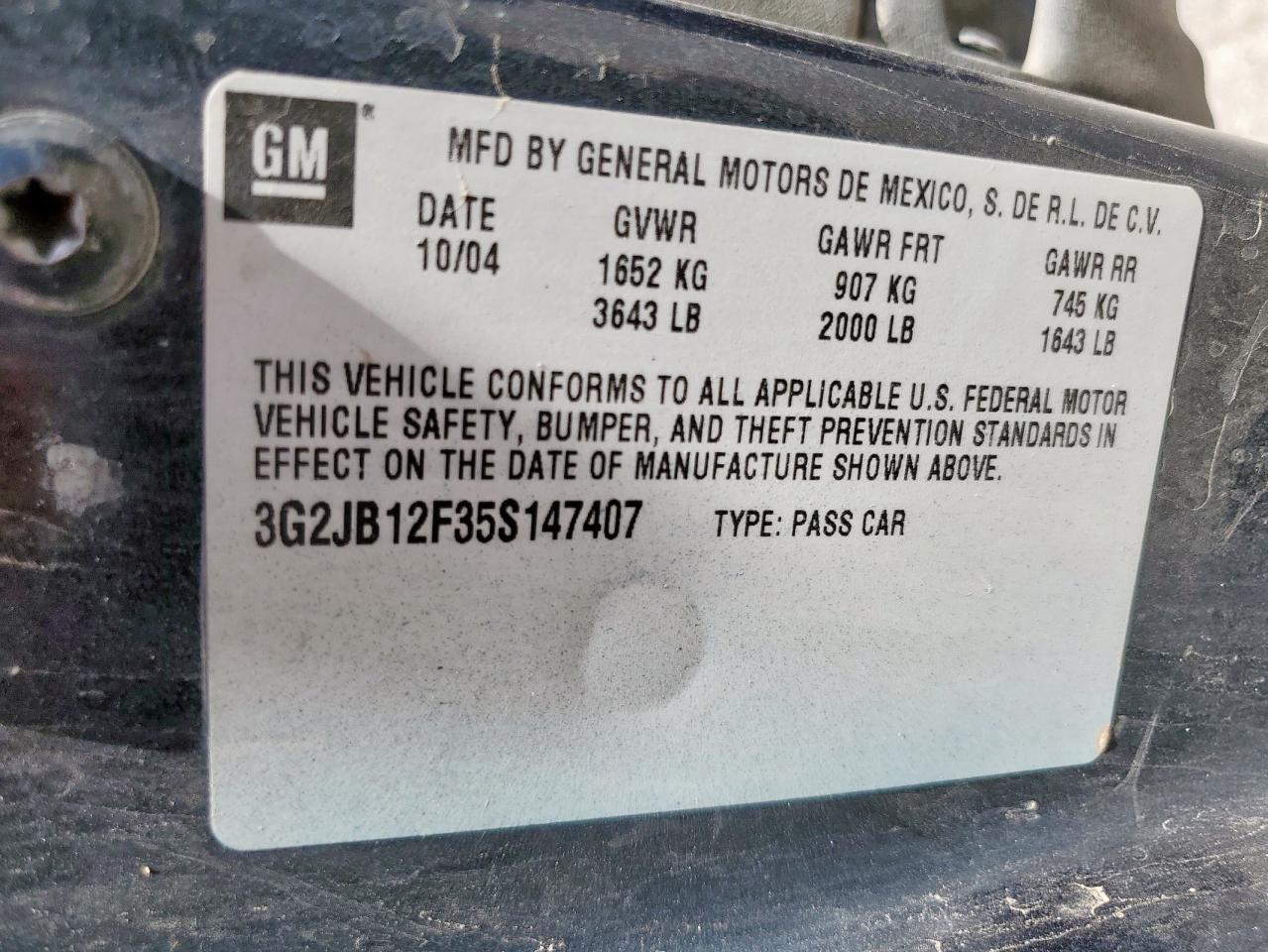 2005 Pontiac Sunfire VIN: 3G2JB12F35S147407 Lot: 61660285