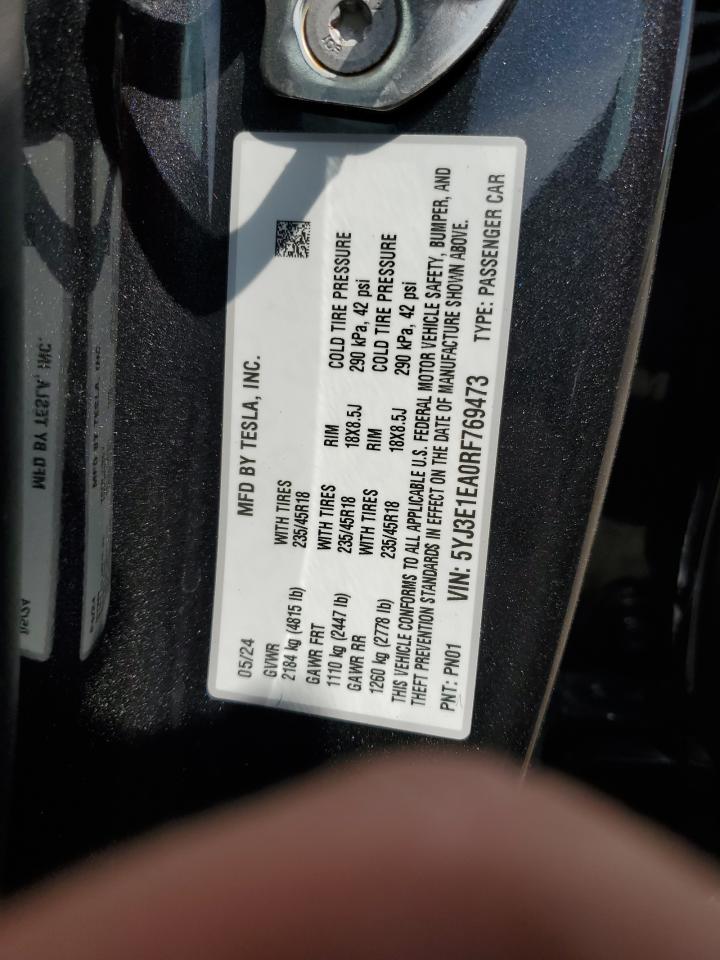 2024 Tesla Model 3 VIN: 5YJ3E1EA0RF769473 Lot: 62416805