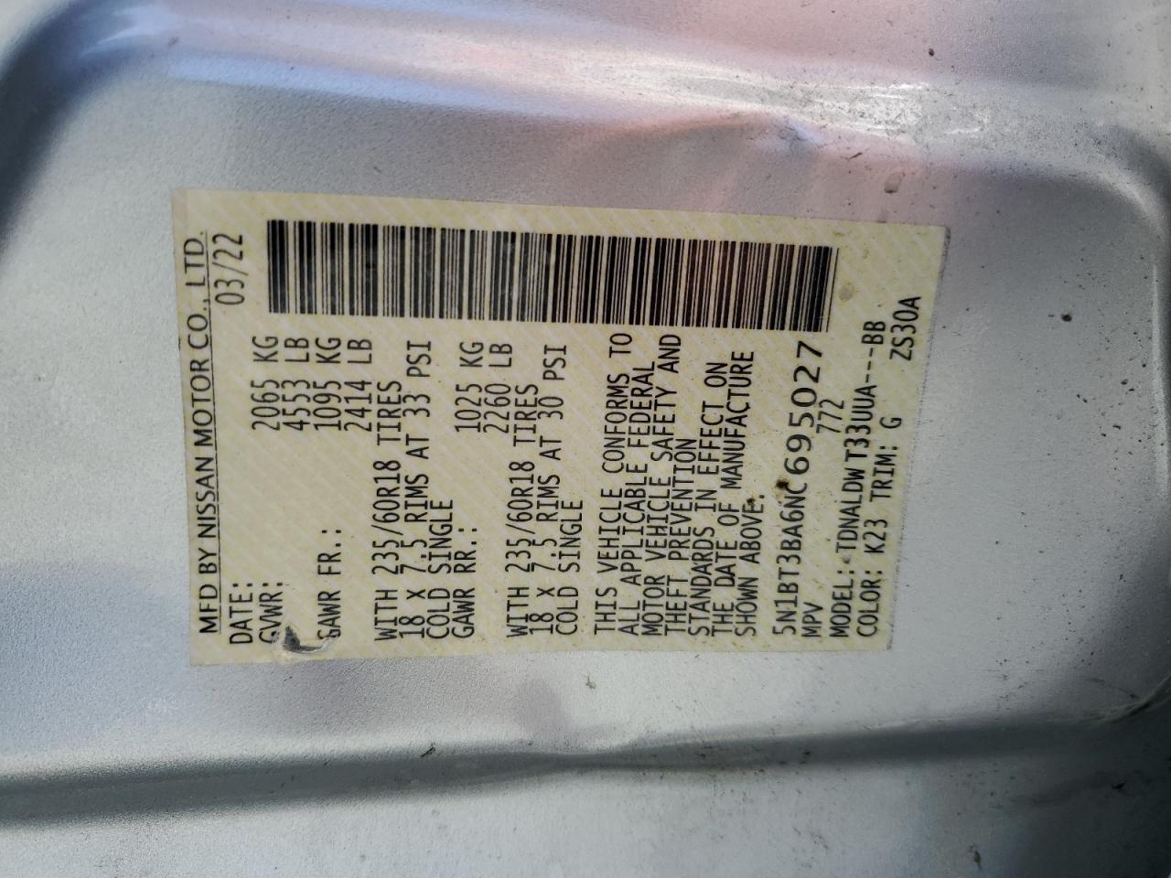 2022 Nissan Rogue Sv VIN: 5N1BT3BA6NC695027 Lot: 60493985