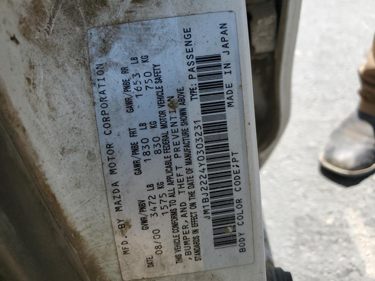2000 Mazda Protege Dx VIN: JM1BJ2224Y0303231 Lot: 60853845
