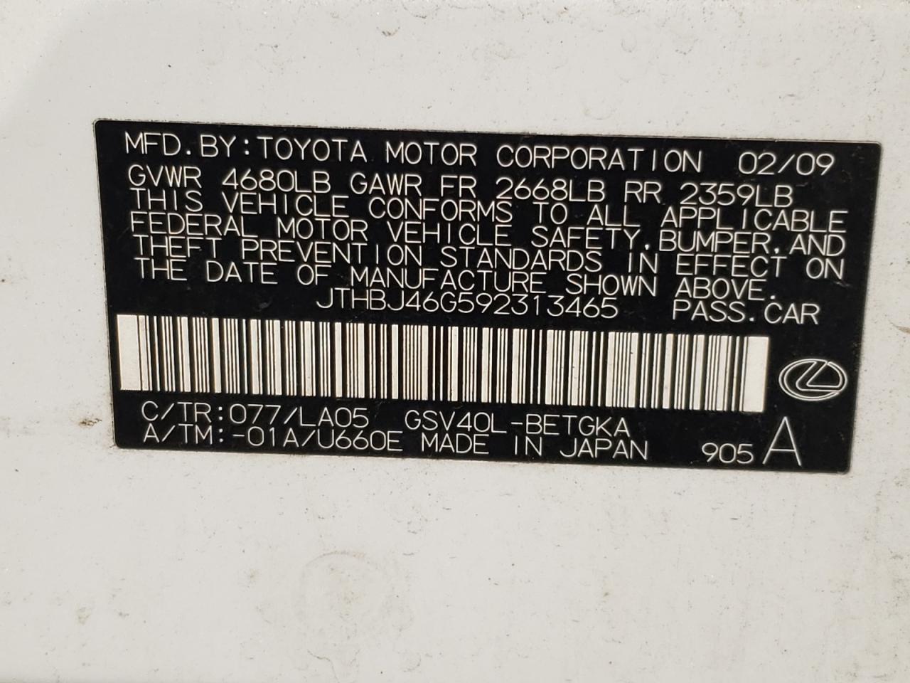 2009 Lexus Es 350 VIN: JTHBJ46G592313465 Lot: 59911205
