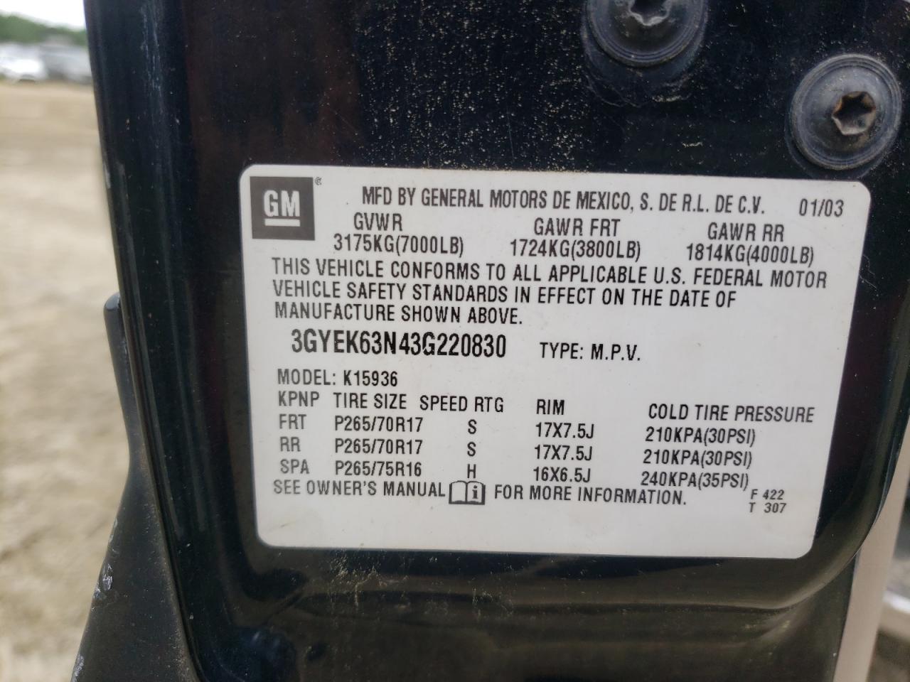 2003 Cadillac Escalade Ext VIN: 3GYEK63N43G220830 Lot: 60291365