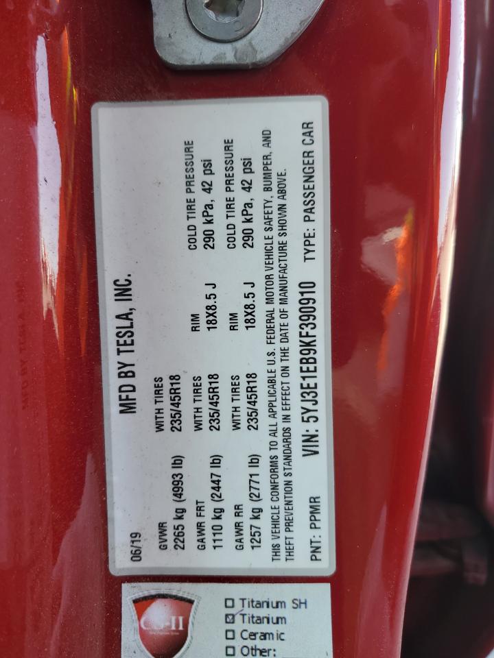 2019 Tesla Model 3 VIN: 5YJ3E1EB9KF390910 Lot: 62011555