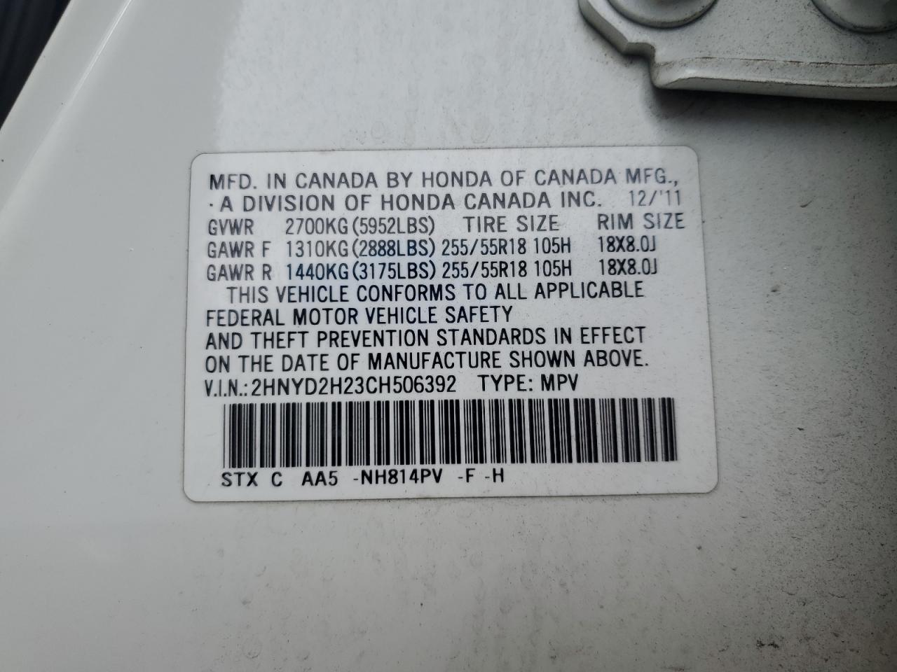 2012 Acura Mdx VIN: 2HNYD2H23CH506392 Lot: 61394335
