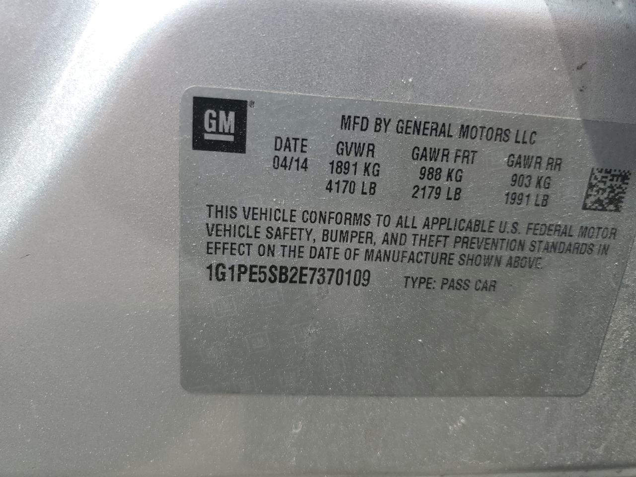 2014 Chevrolet Cruze Lt VIN: 1G1PE5SB2E7370109 Lot: 62921255