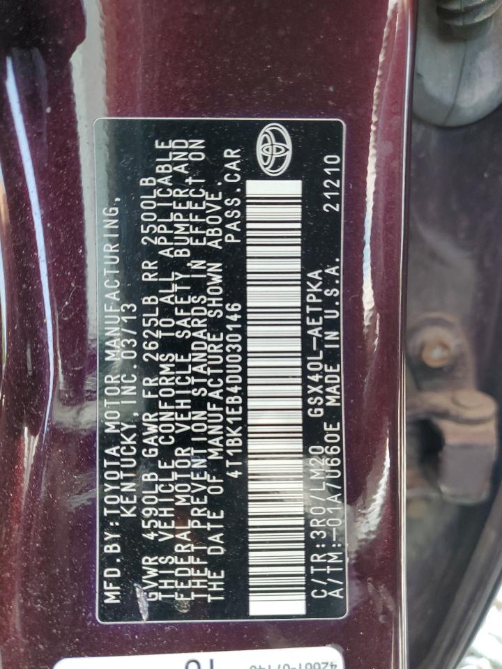 2013 Toyota Avalon Base VIN: 4T1BK1EB4DU030146 Lot: 62134575