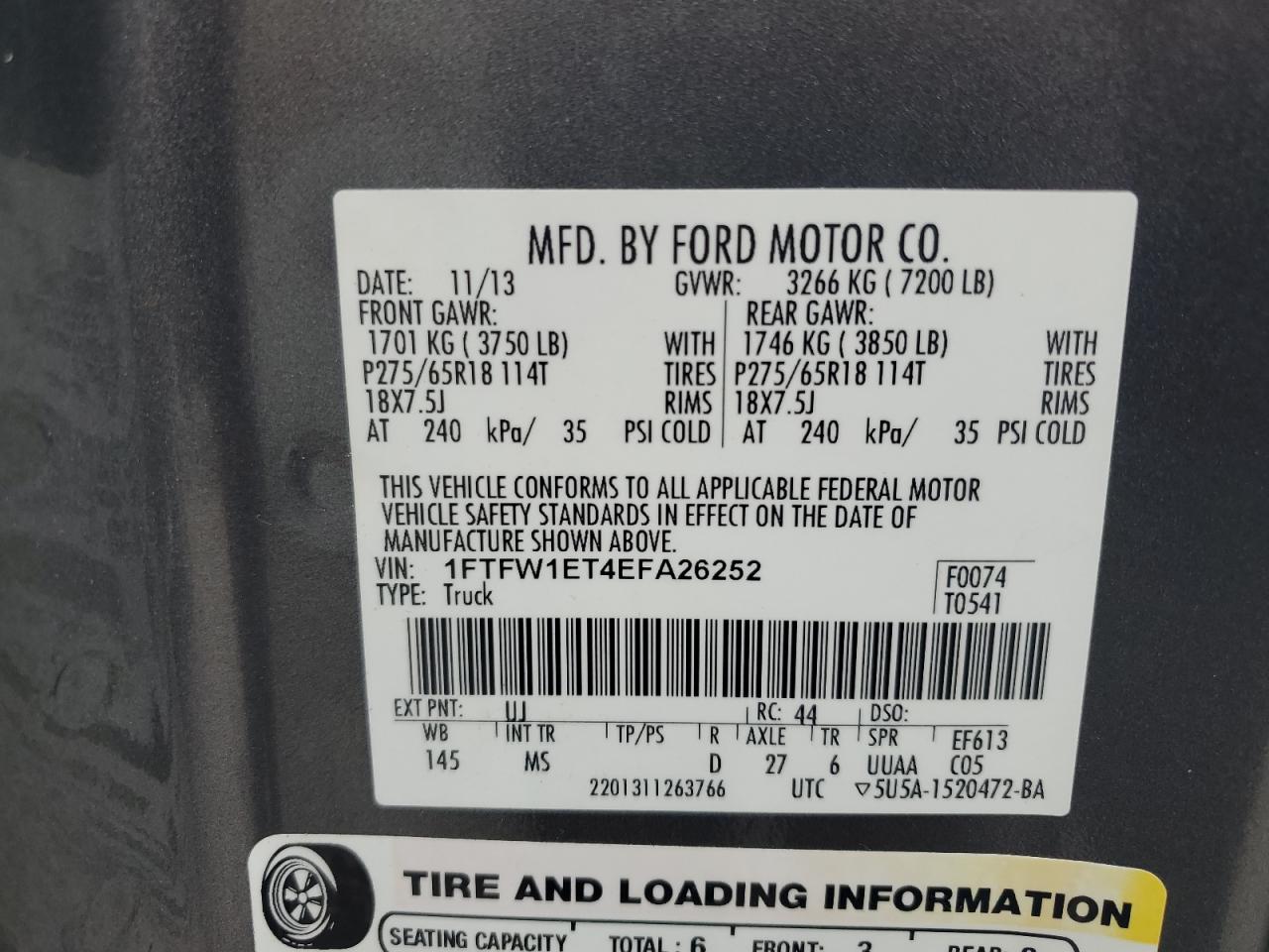 2014 Ford F150 Supercrew VIN: 1FTFW1ET4EFA26252 Lot: 58072855