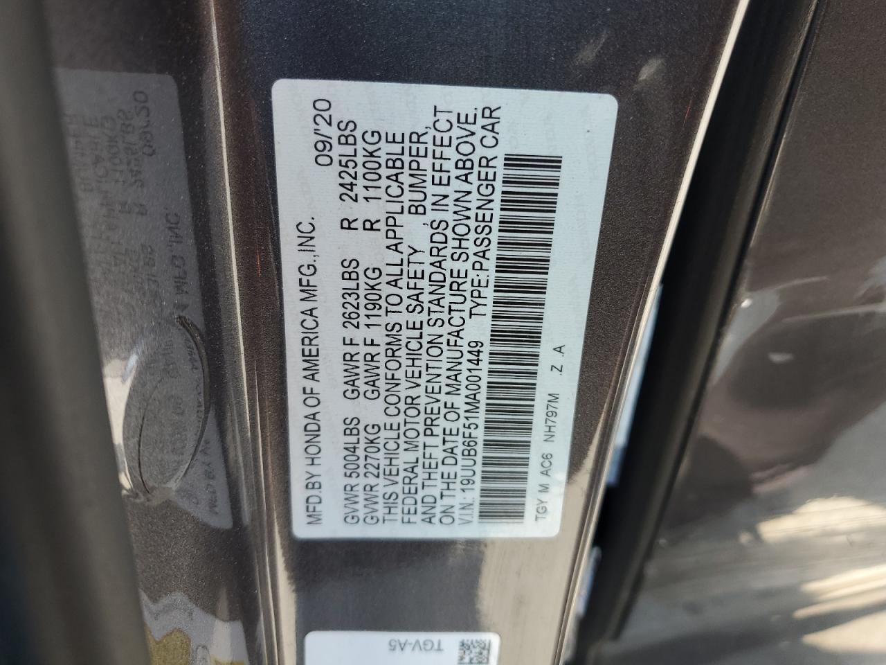 2021 Acura Tlx Tech A VIN: 19UUB6F51MA001449 Lot: 61774275