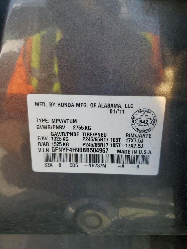 2011 Honda Pilot Touring VIN: 5FNYF4H90BB504967 Lot: 60276815