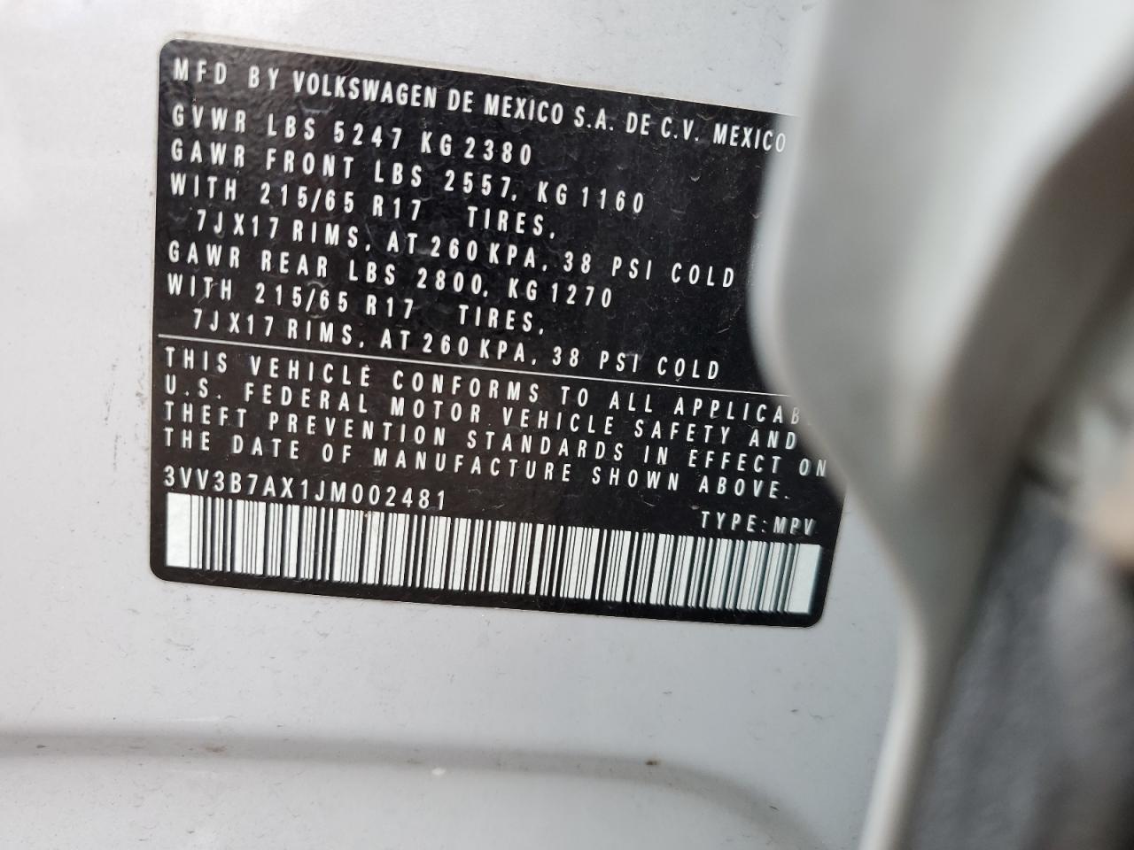 2018 Volkswagen Tiguan Se VIN: 3VV3B7AX1JM002481 Lot: 62200225