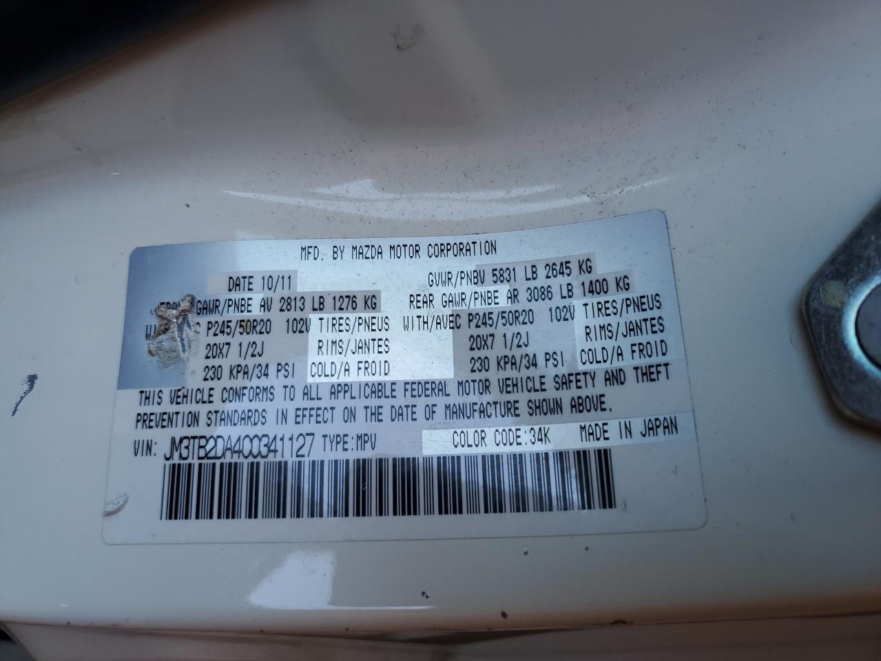 2012 Mazda Cx-9 VIN: JM3TB2DA4C0341127 Lot: 62303345