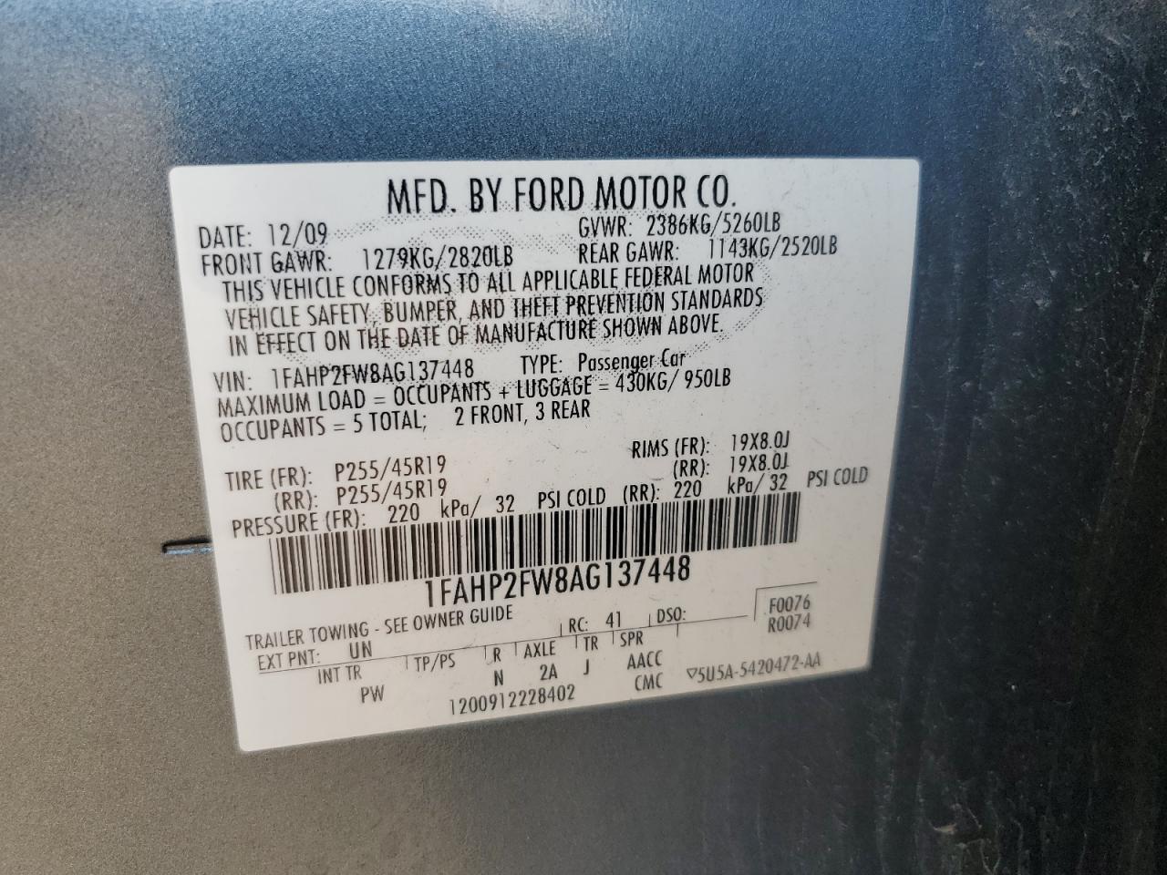 2010 Ford Taurus Limited VIN: 1FAHP2FW8AG137448 Lot: 62916205