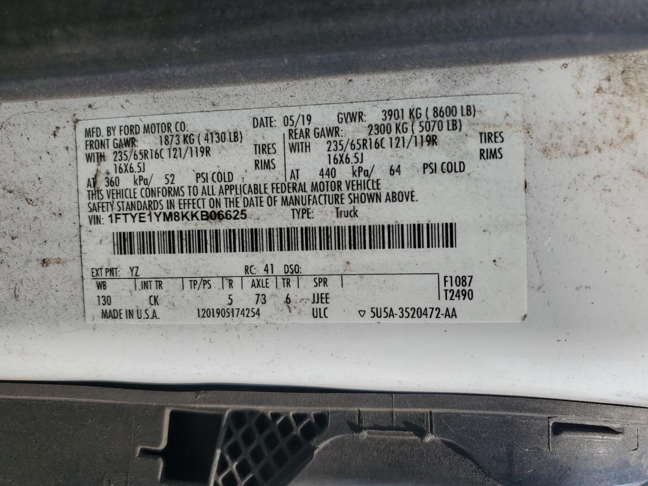 1FTYE1YM8KKB06625 FORD TRANSIT 2019