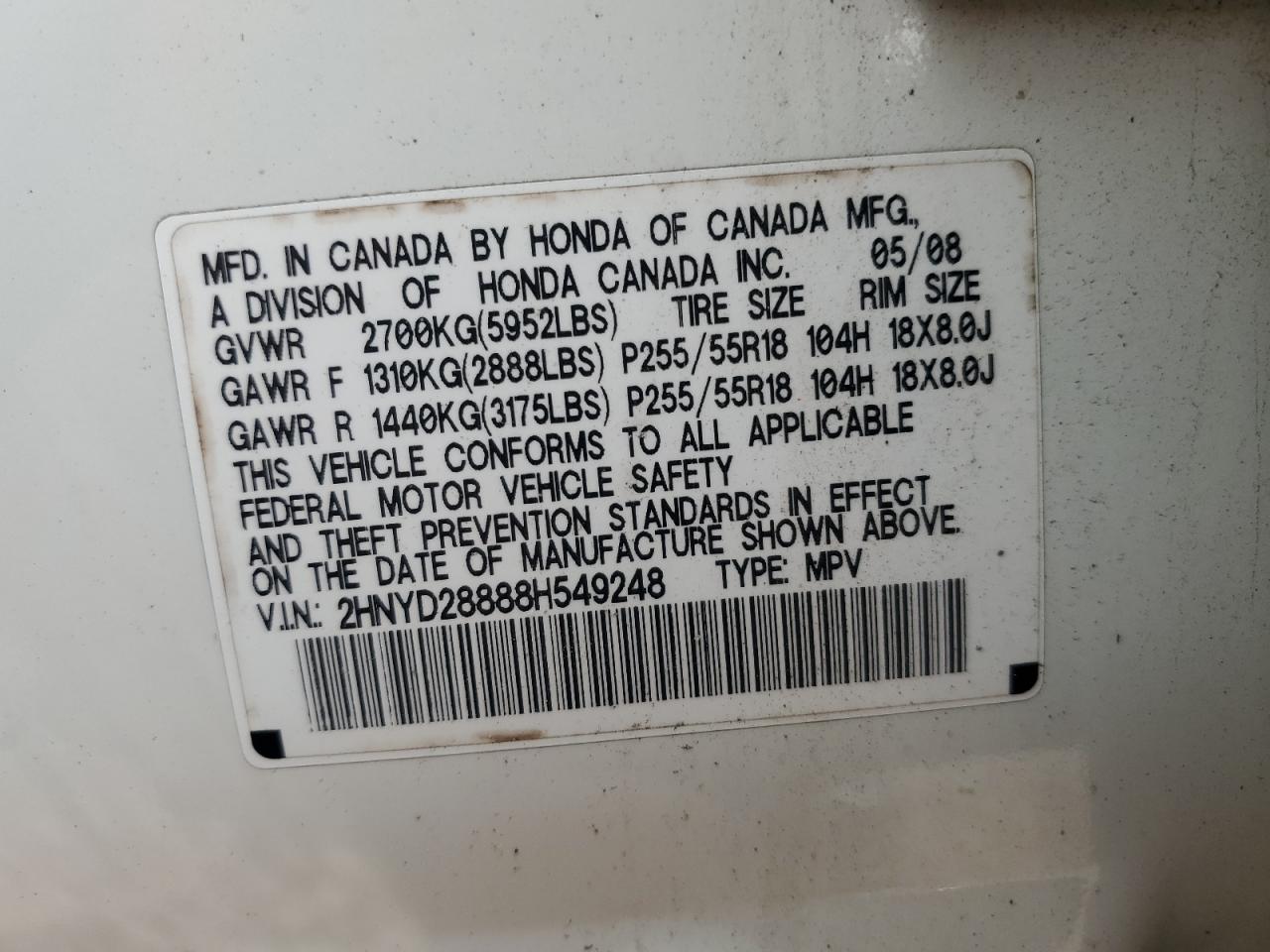 2008 Acura Mdx Sport VIN: 2HNYD28888H549248 Lot: 59283215