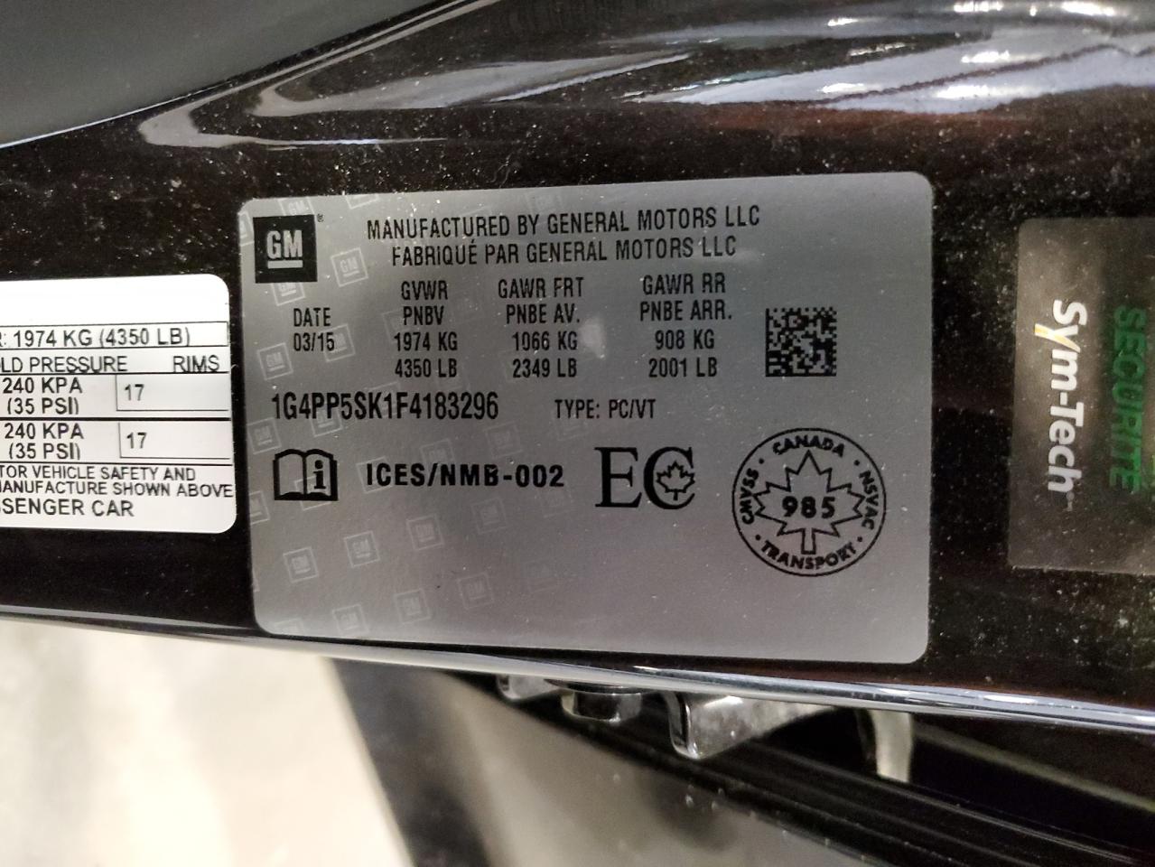 2015 Buick Verano VIN: 1G4PP5SK1F4183296 Lot: 59979725