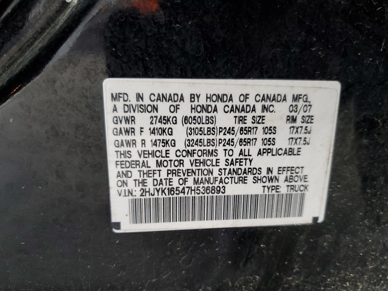 2007 Honda Ridgeline Rtl VIN: 2HJYK16547H536893 Lot: 61388355