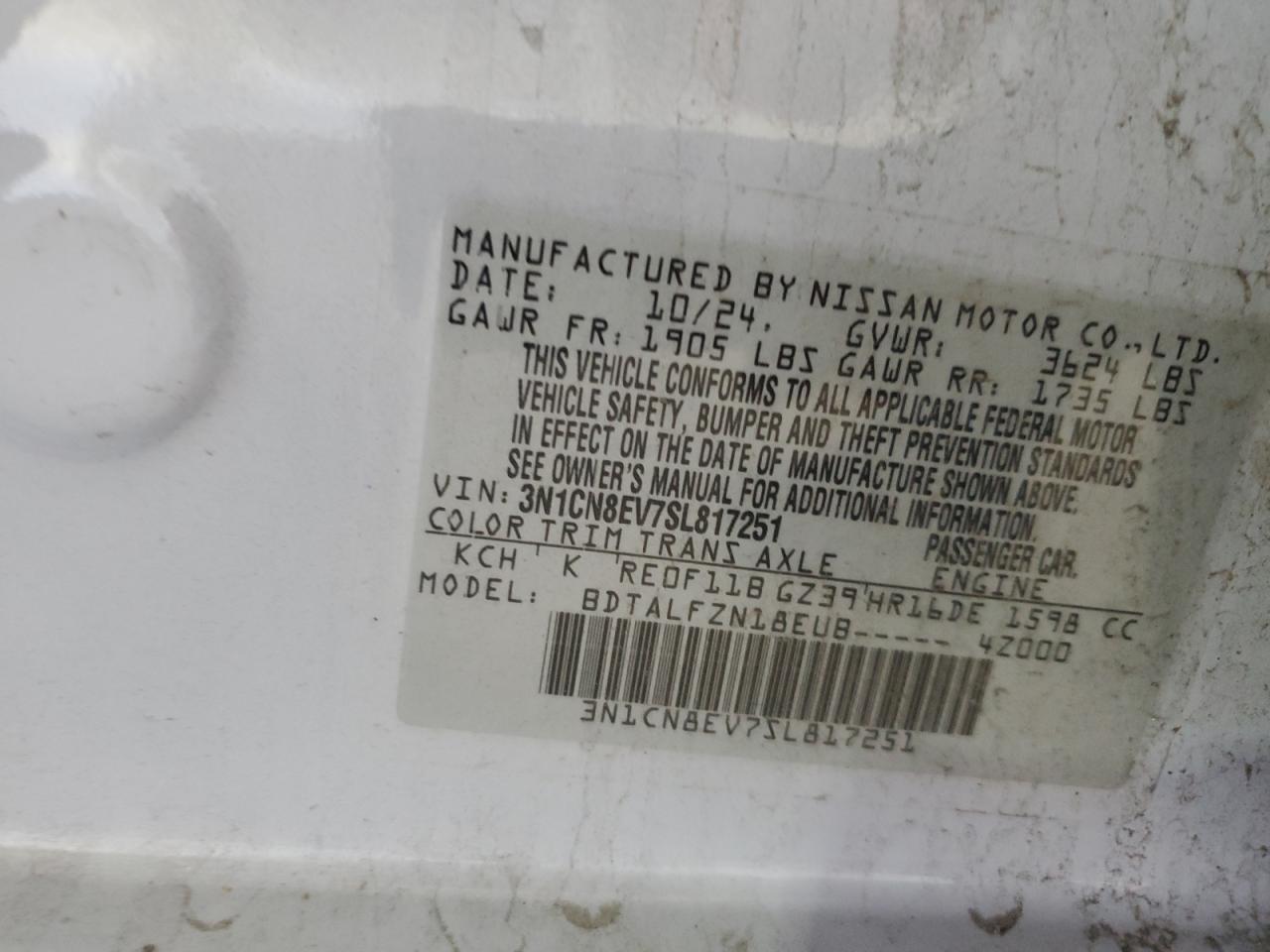 2025 Nissan Versa Sv VIN: 3N1CN8EV7SL817251 Lot: 62420055