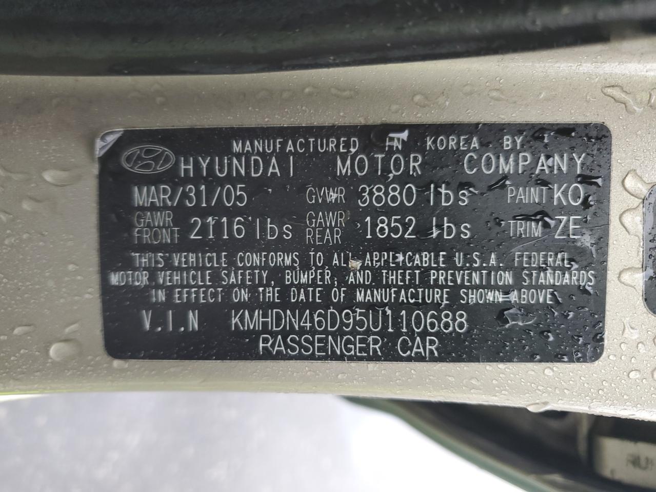 2005 Hyundai Elantra Gls VIN: KMHDN46D95U110688 Lot: 60240955