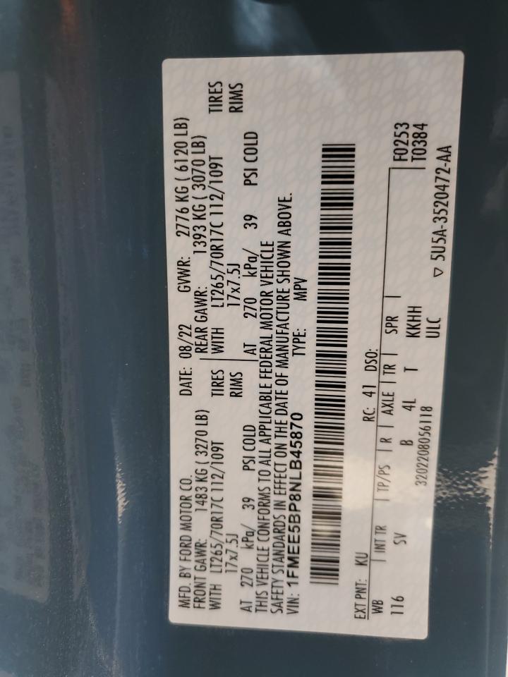 2022 Ford Bronco Base VIN: 1FMEE5BP8NLB45870 Lot: 61638505