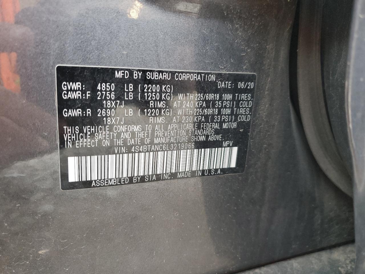 2020 Subaru Outback Limited VIN: 4S4BTANC6L3219066 Lot: 59093335