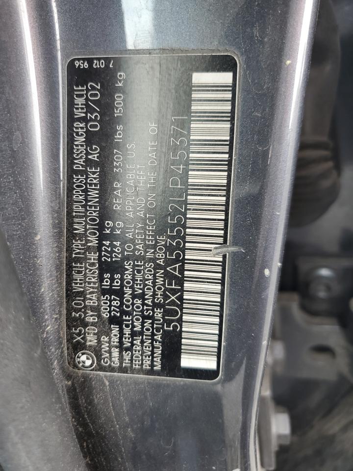 2002 BMW X5 3.0I VIN: 5UXFA53552LP45371 Lot: 62188035