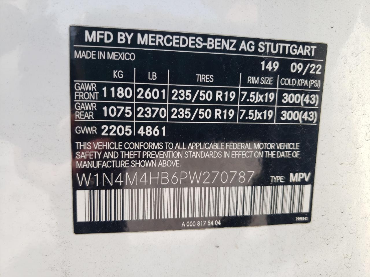 2023 Mercedes-Benz Glb 250 4Matic VIN: W1N4M4HB6PW270787 Lot: 60631765