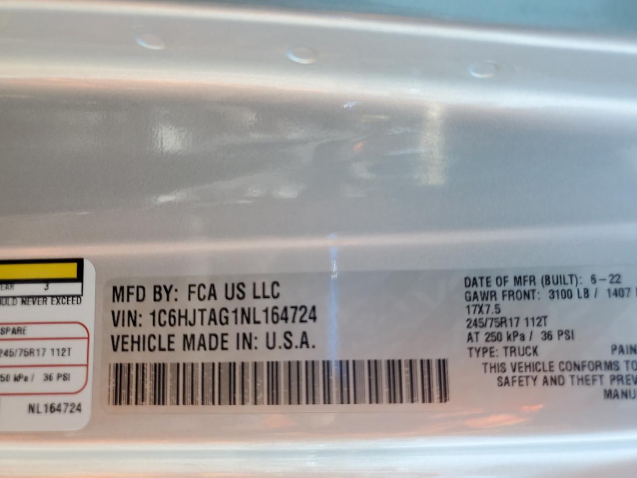 2022 Jeep Gladiator Sport VIN: 1C6HJTAG1NL164724 Lot: 62400065