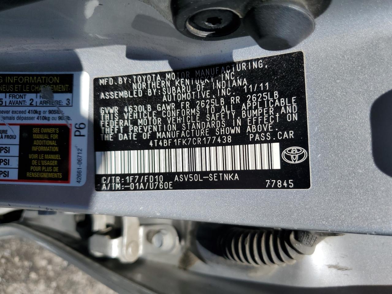 2012 Toyota Camry Base VIN: 4T4BF1FK7CR177438 Lot: 62945425