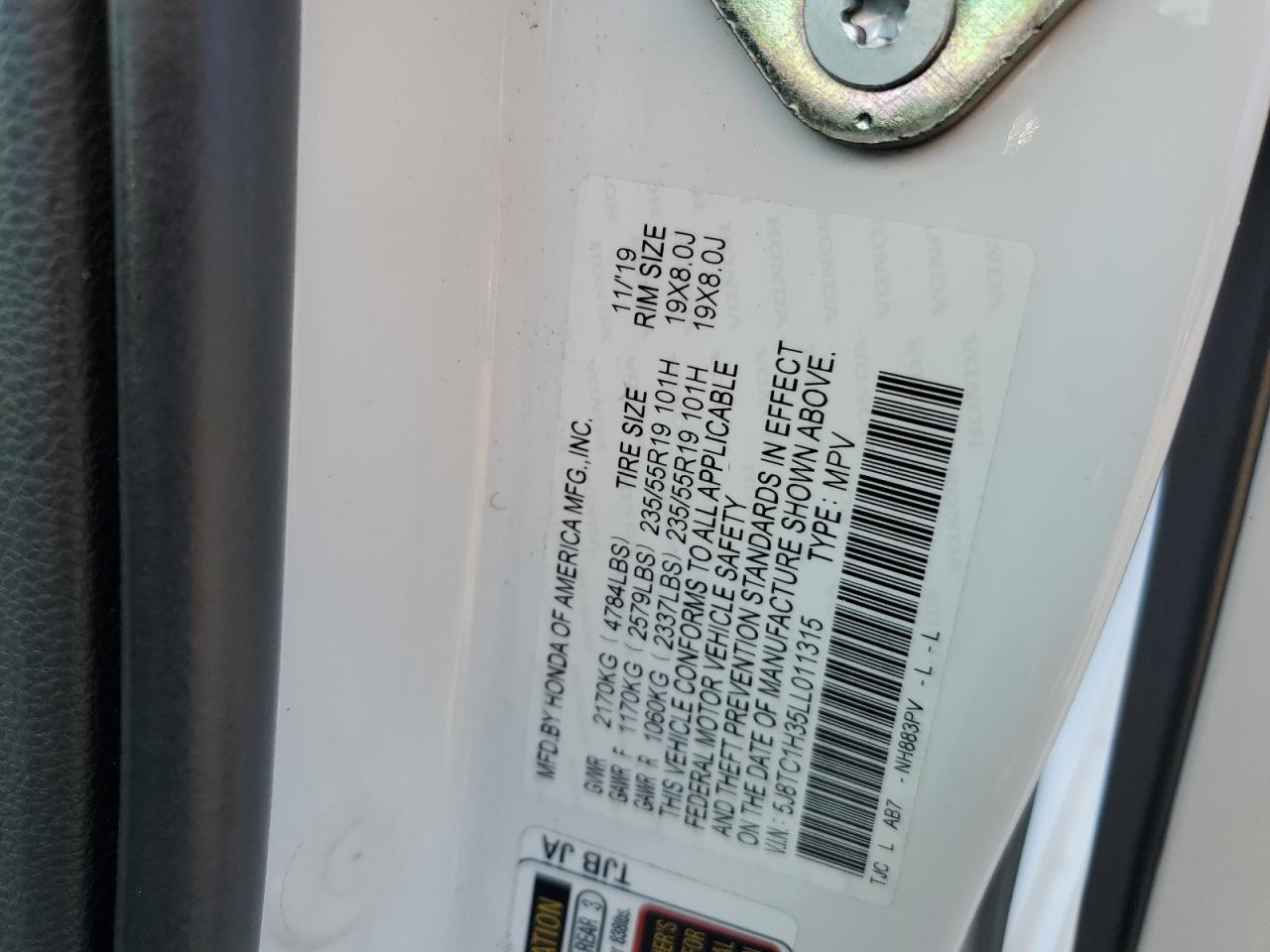 2020 Acura Rdx VIN: 5J8TC1H35LL011315 Lot: 62421305