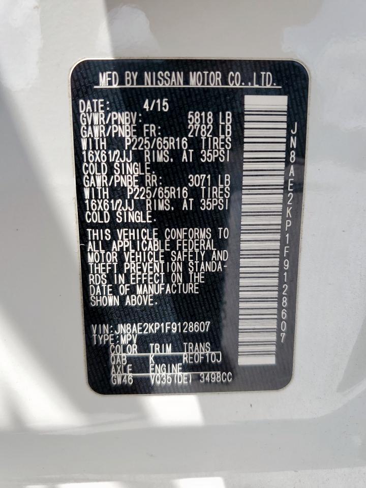 2015 Nissan Quest S VIN: JN8AE2KP1F9128607 Lot: 61864925
