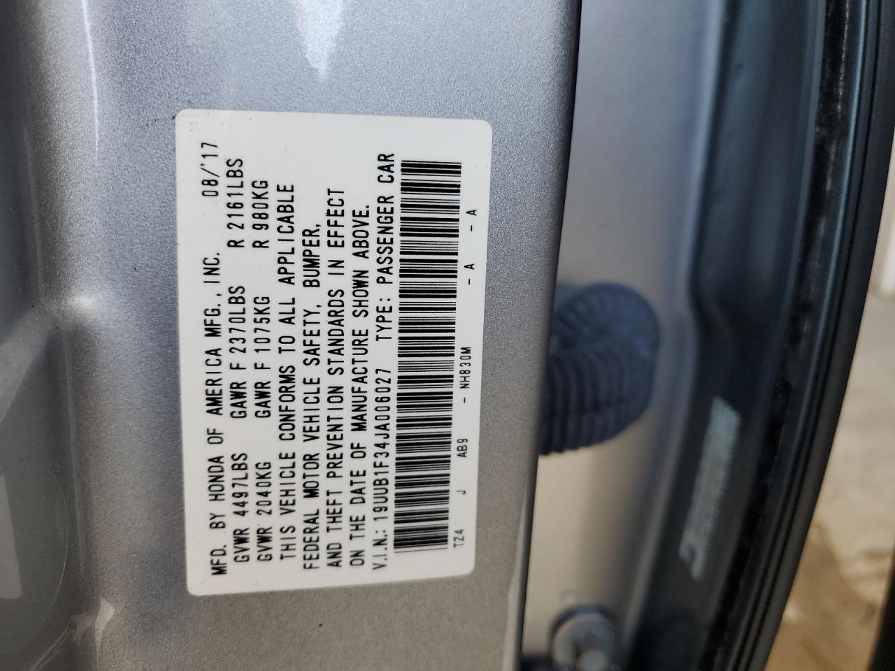 2018 Acura Tlx VIN: 19UUB1F34JA006027 Lot: 61817095
