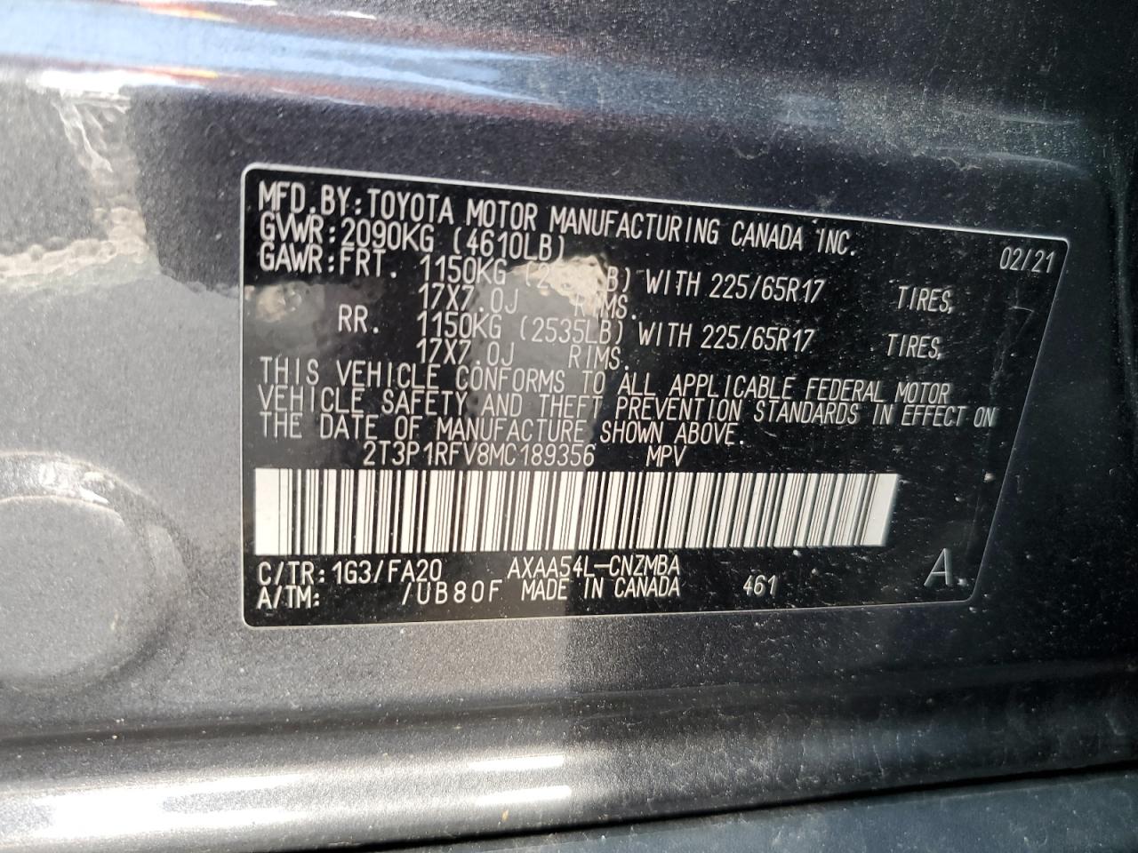 2021 Toyota Rav4 Xle VIN: 2T3P1RFV8MC189356 Lot: 62400145