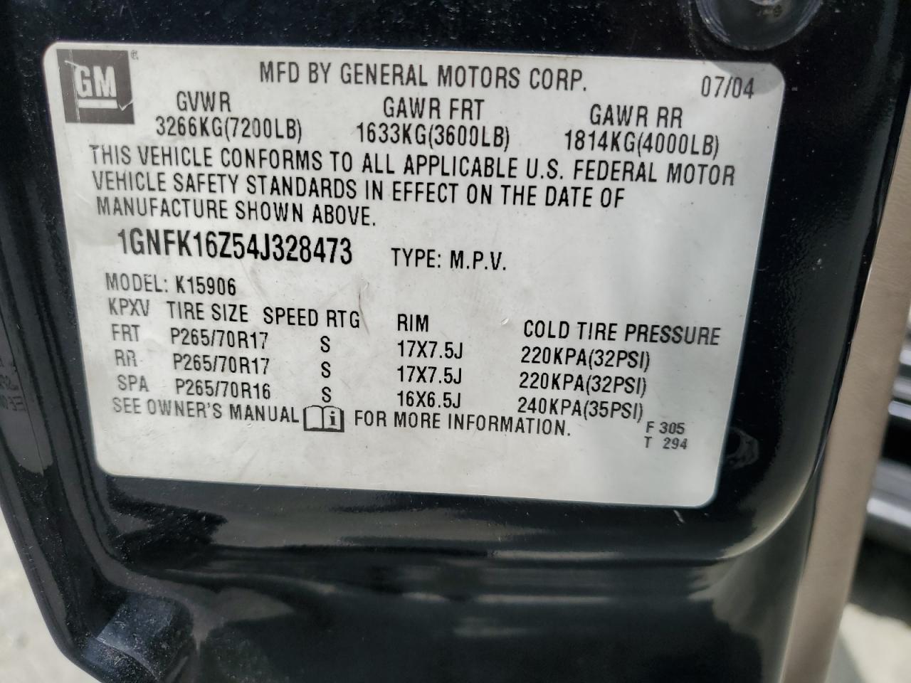 2004 Chevrolet Suburban K1500 VIN: 1GNFK16Z54J328473 Lot: 60135565