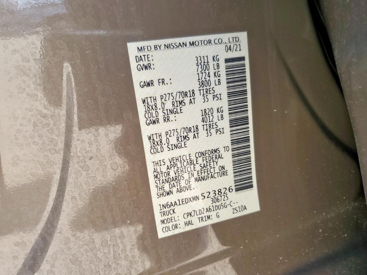2021 Nissan Titan Sv VIN: 1N6AA1EDXMN523826 Lot: 61851765
