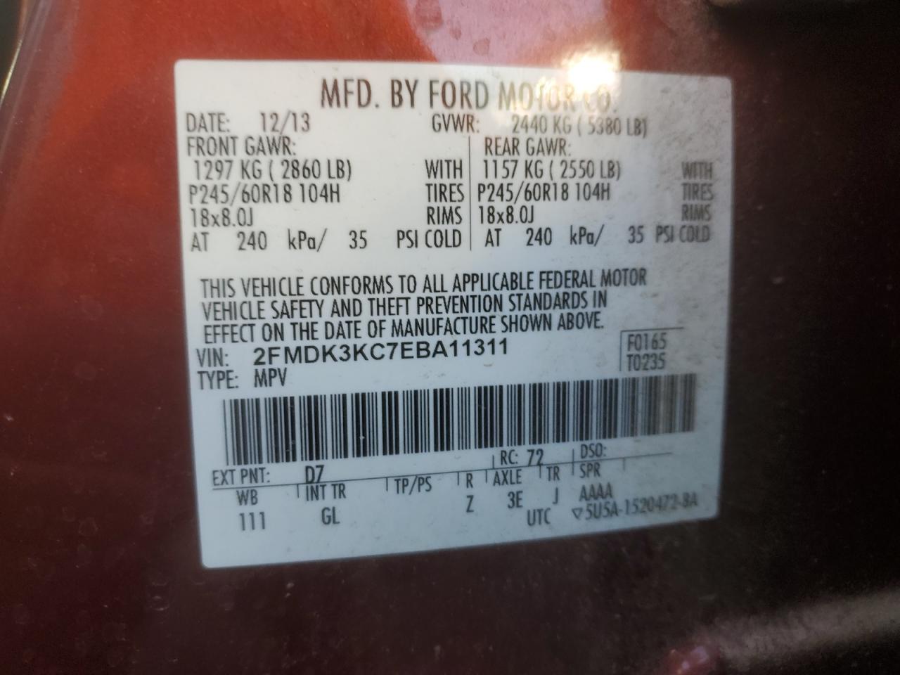 2014 Ford Edge Limited VIN: 2FMDK3KC7EBA11311 Lot: 60317235