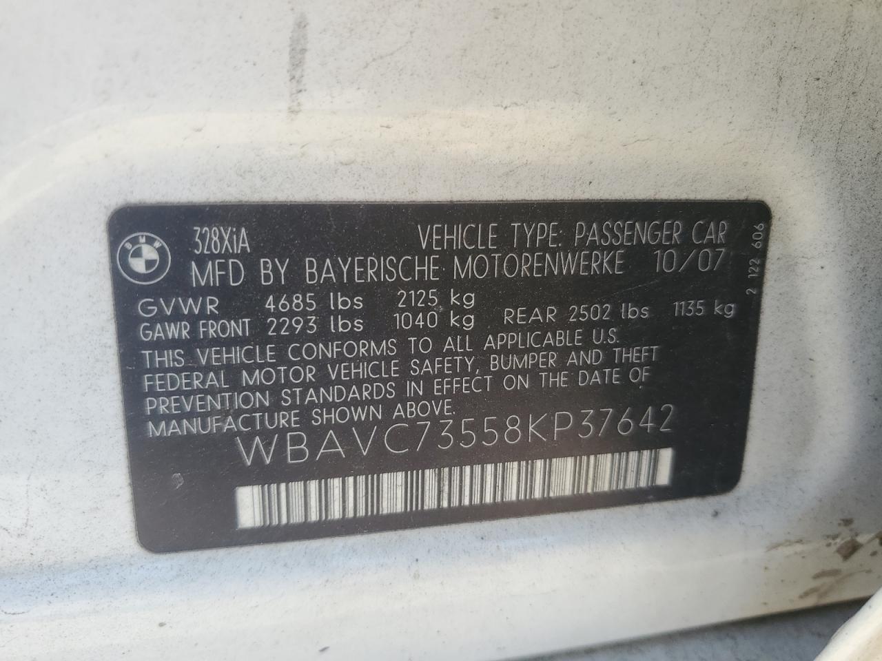 2008 BMW 328 Xi Sulev VIN: WBAVC73558KP37642 Lot: 61891395