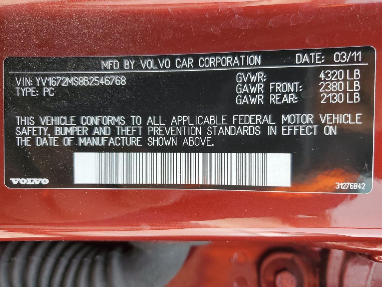 2011 Volvo S40 T5 VIN: YV1672MS8B2546768 Lot: 60633205