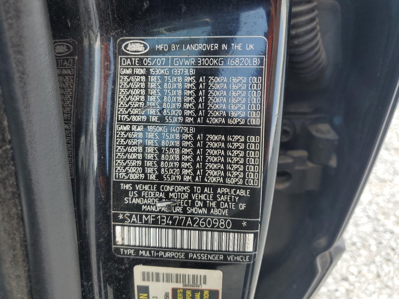 2007 Land Rover Range Rover Supercharged VIN: SALMF13477A260980 Lot: 61795715