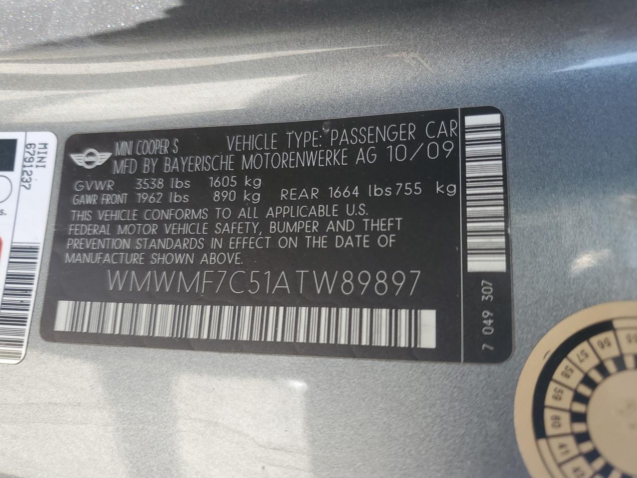 2010 Mini Cooper S VIN: WMWMF7C51ATW89897 Lot: 62770115