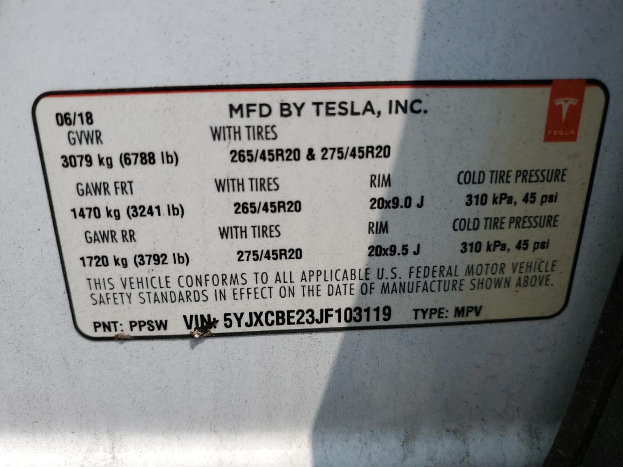 2018 Tesla Model X VIN: 5YJXCBE23JF103119 Lot: 58575065