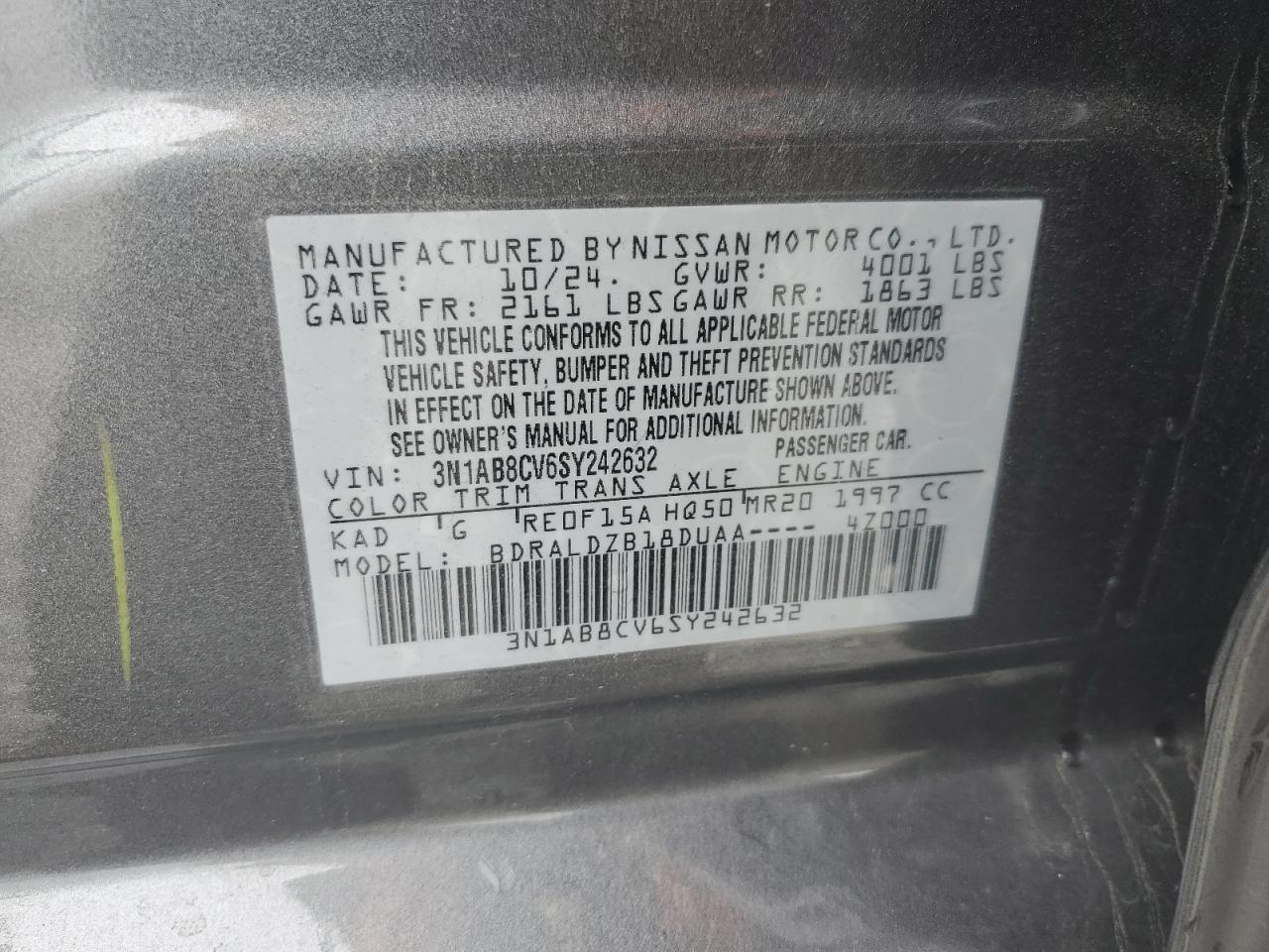 2025 Nissan Sentra Sv VIN: 3N1AB8CV6SY242632 Lot: 59434135