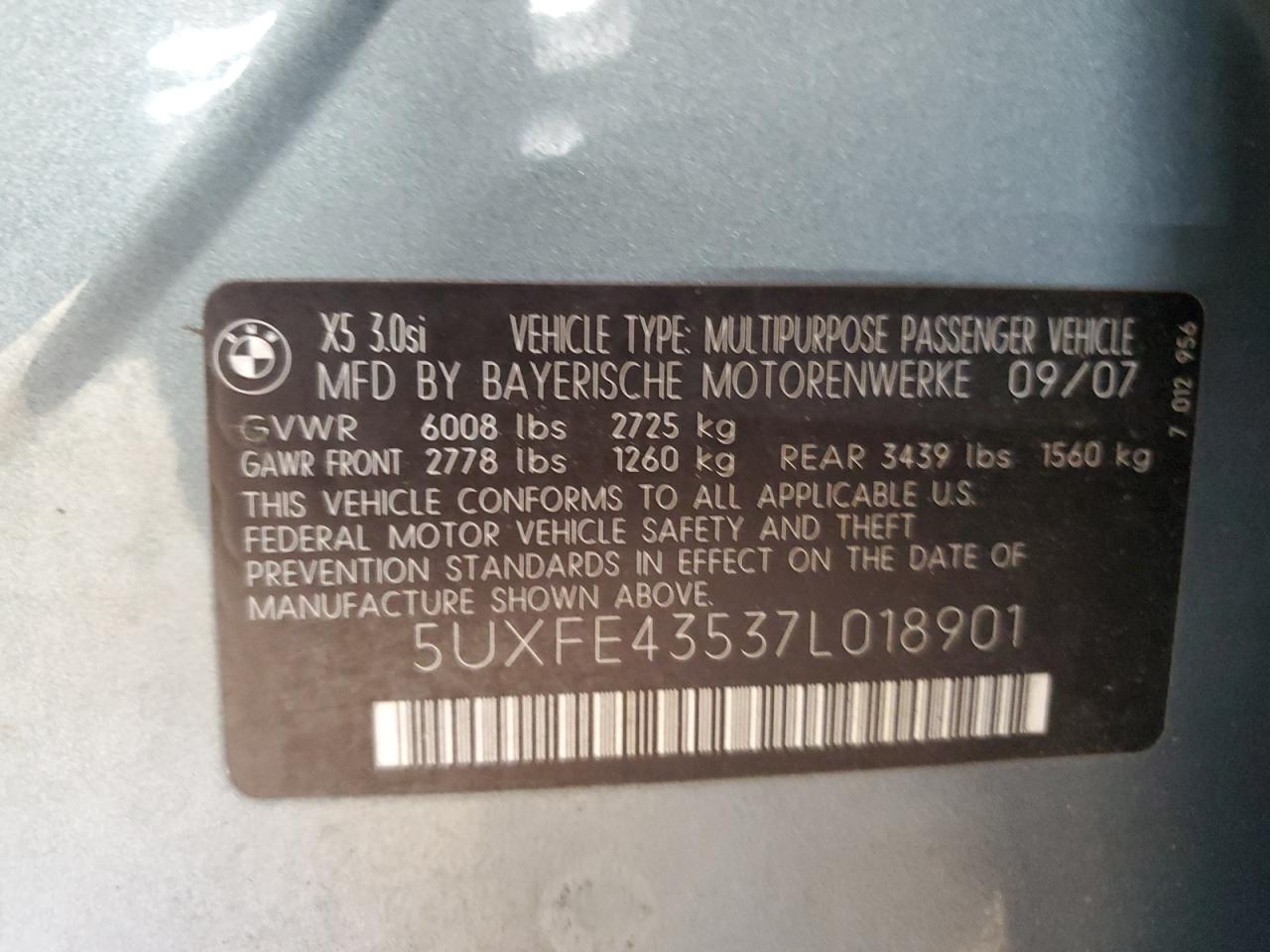 2007 BMW X5 3.0I VIN: 5UXFE43537L018901 Lot: 60801775