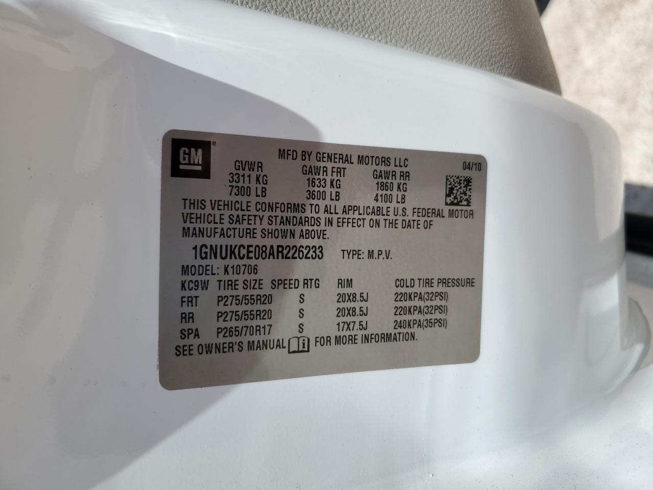 2010 Chevrolet Tahoe K1500 Ltz VIN: 1GNUKCE08AR226233 Lot: 61433135