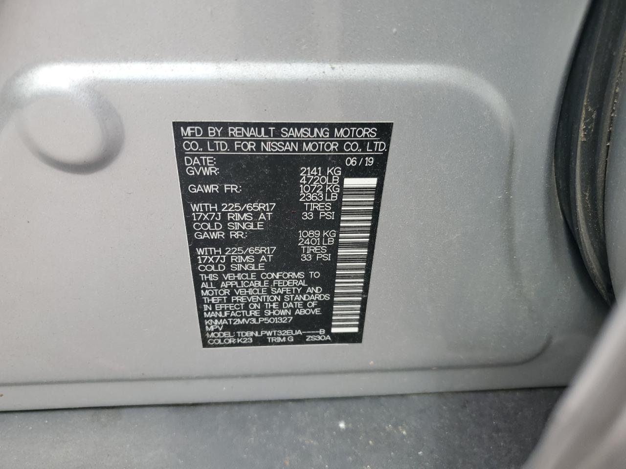 KNMAT2MV3LP501327 NISSAN ROGUE 2020