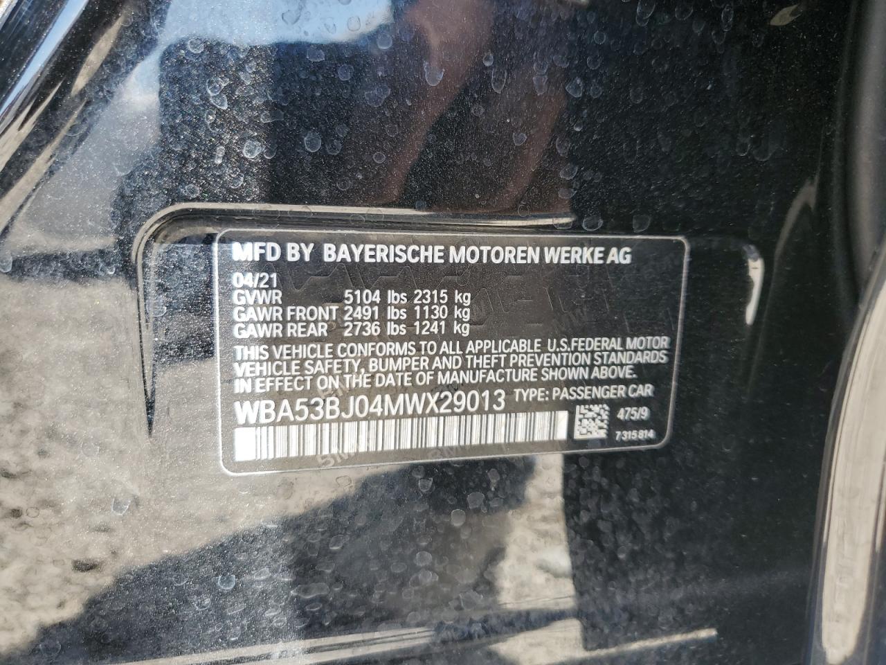 2021 BMW 540 I VIN: WBA53BJ04MWX29013 Lot: 57364595